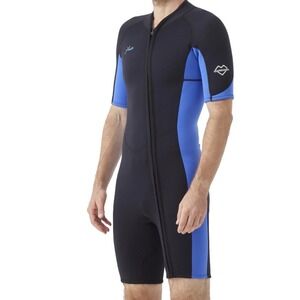 Hevto Guardian Mens Shorty Wetsuit Black Blue Front Zip Neoprene Size L 0542